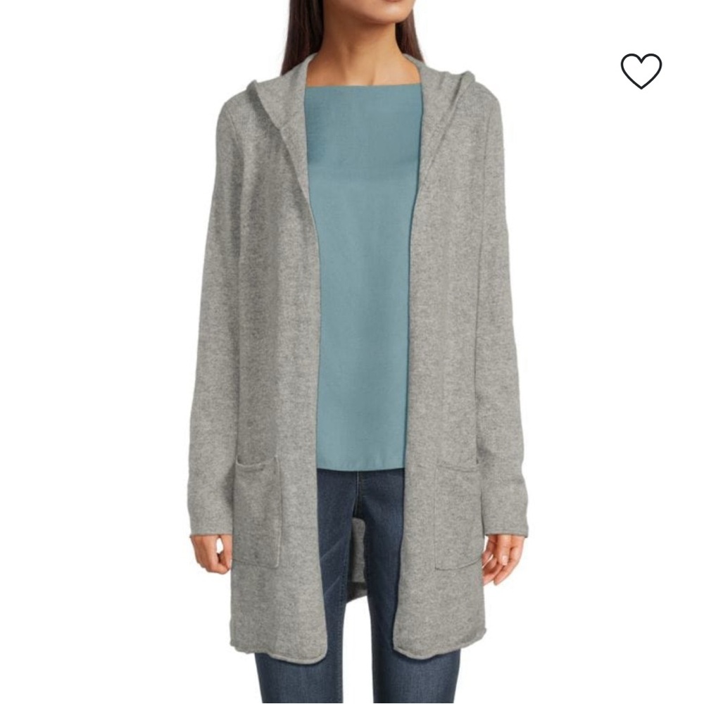 NWT Saks Fifth Avenue Gray Hooded Cashmere Open Front Cardigan Pockets, Size Med